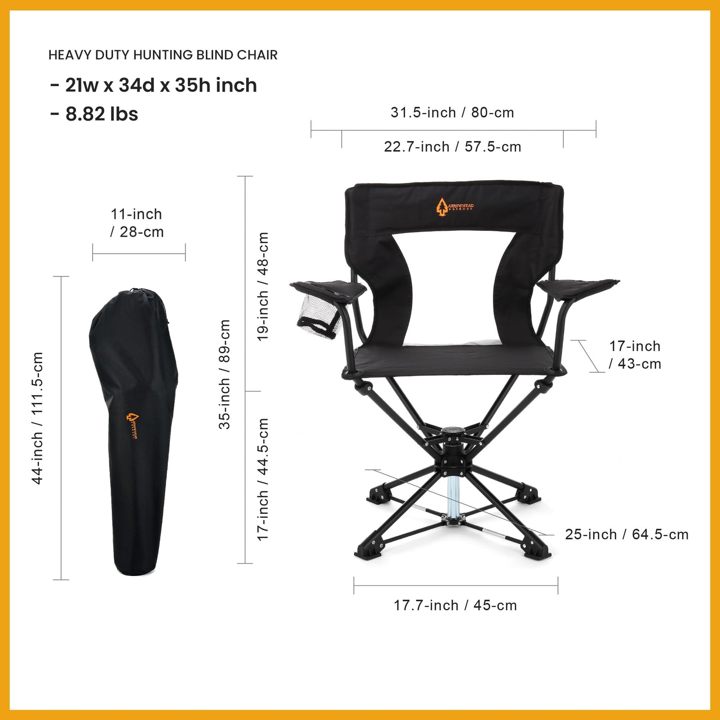 ARROWHEAD OUTDOOR 2-Pack 360° Swivel Hunting Chair Stool Seat, Perfect for Blinds, No Sink Feet, Supports up to 450lbs, Carrying Case, Steel Frame, 600D Canvas