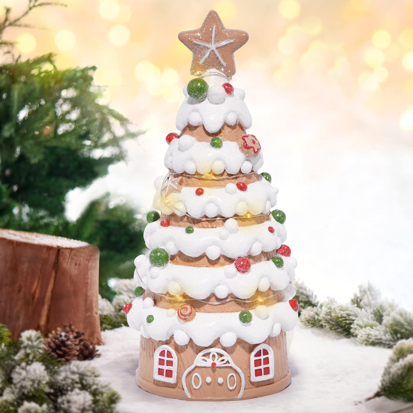 Hodao Christmas Village House Decorations Gingerbread House with Xmas Tree Theme, Battery-Powered (2 AAA) 8.6" H Resin Christmas Tree Decor for Indoor Festive Home or Party (Tree-1)