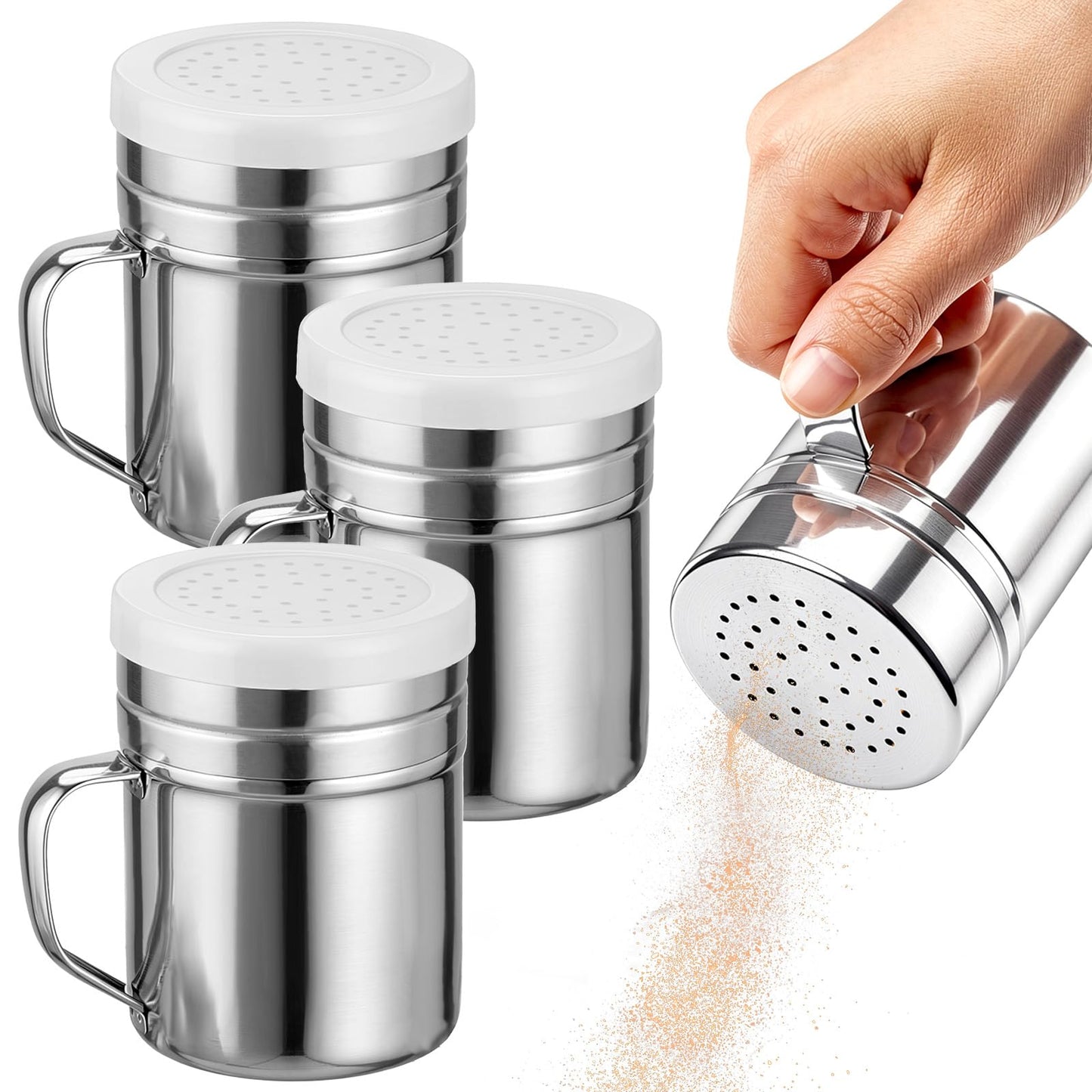 10 Pcs Popcorn Salt Shaker, Stainless Steel Salt and Pepper Shakers with Lid and Handle, 10 Oz Dredge Spice Seasoning Condiment Shakers for Kitchen Cooking Baking