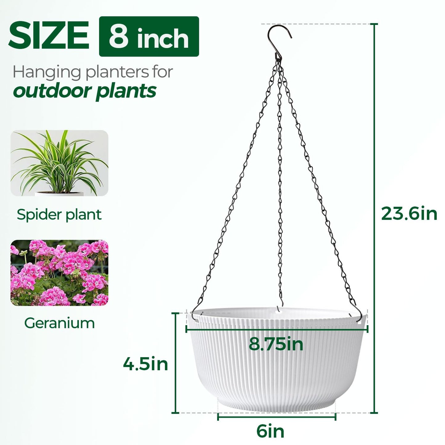T4U Hanging Planter Self Watering 8 Inch, 2 Pack White Indoor Outdoor Hanging Plant pots, Hanging Flower Pot with Drainage Hole & Plug & Chain with 3 Hooks for Garden Home Decor