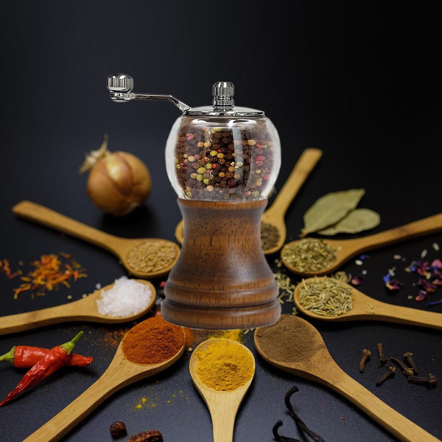 VEIZIBEE Pepper Mill Set Manual Pepper Mills Classical Hand Shake Wooden Pepper Grinder Set Salt Mills Wooden Pepper Mill Ceramic Blades Metal Handle, Enjoy Fresh Ground Pepper (Walnut color 1pcs-5in)