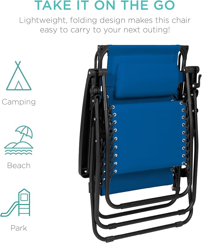Best Choice Products Folding Zero Gravity Outdoor Recliner Patio Lounge Chair w/Adjustable Canopy Shade, Headrest, Side Accessory Tray, Textilene Mesh - Marine Blue