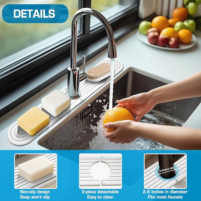 White-Oval 23.6" Diatomite Kitchen Faucet Mat Stone Sink Tray – Quick Drying