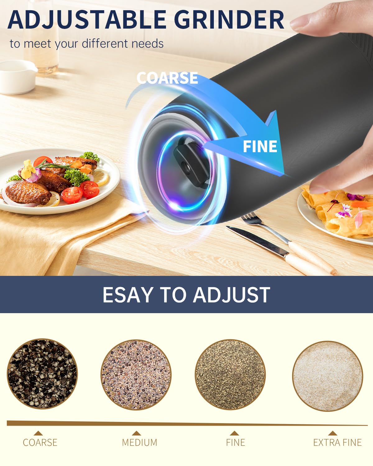 CIRCLE JOY Gravity Electric Salt and Pepper Grinder Set Battery Powered Automatic Pepper Mill Grinders with 176ml Container, Adjustable Coarseness, Bright LED Light and One Hand Operation, Black