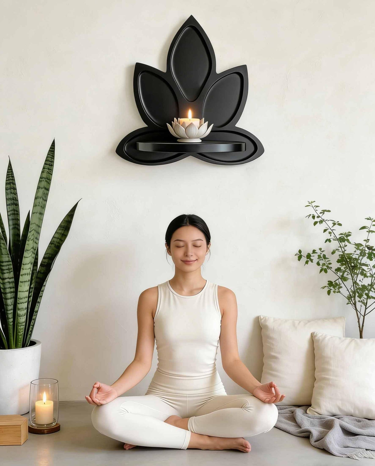 Homtik Small Carved Lotus Flower Wooden Floating Wall Shelf, Boho Zen Spiritual Home Decor for Office, Living Room, Bedroom, Yoga & Meditation Space