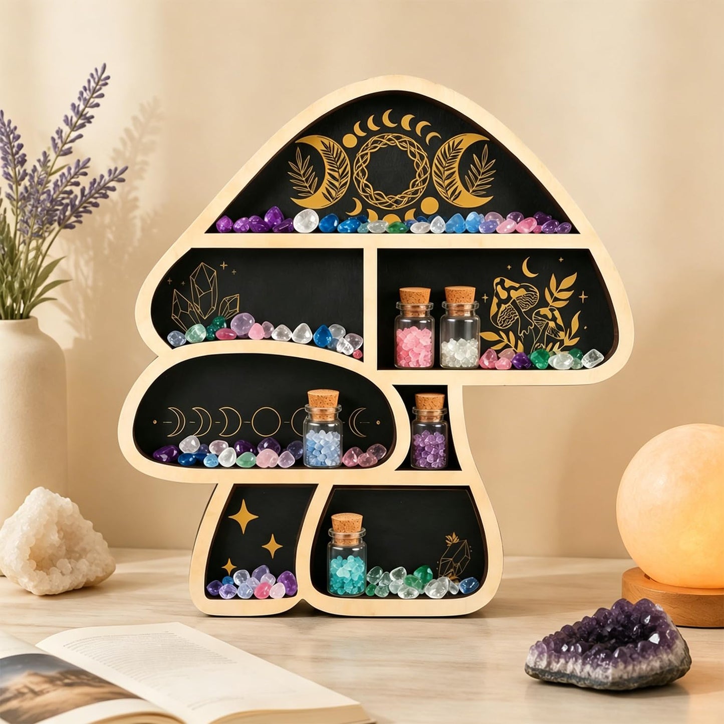 Zetosva Mushroom Gifts Floating Shelves, Crystal Display Shelf & Crystal Holder, Cute Mushroom Wall Decor and Mushroom Shelves, Trinket Shelf Rock Display Case, for Unique Home Decor