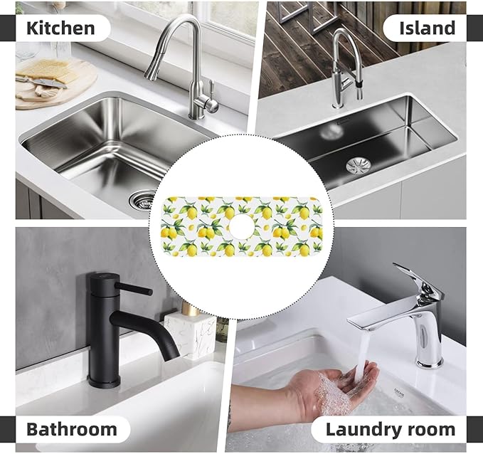 Yellow Lemon Green Leaves Kitchen Sink Splash Guard Faucet Mat Super Absorbent