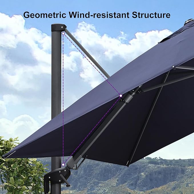 PURPLE LEAF 9' X 12' Right-left Tilt Patio Umbrella with Base Outdoor Cantilever Swivel Rectangle Umbrella Aluminum Offset Umbrella with 360-degree Rotation for Garden Deck Pool Patio Navy