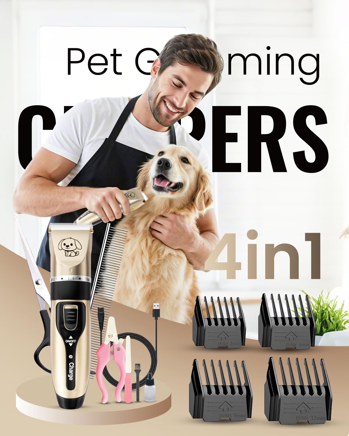 Dog Clippers, Rechargeable Low Noise Cordless Pet Clippers, with 4 Guide Combs and Cleaning Brush Nail Kits