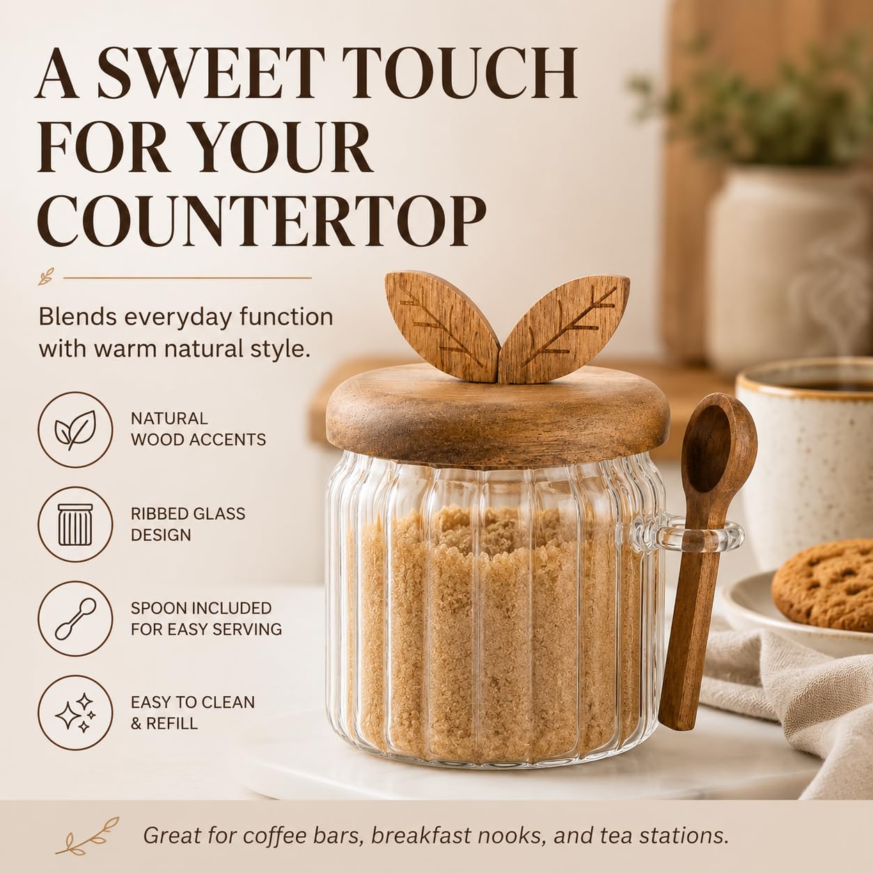 Sugar Bowl with Lid and Spoon, 17 oz Airtight Sugar Jar Container, Easy-to-Use Sugar Container with Lid and Spoon Sugar Bowls for Tea Coffee Brown Sugar Container, Cereal Tea Salts Spice Jar