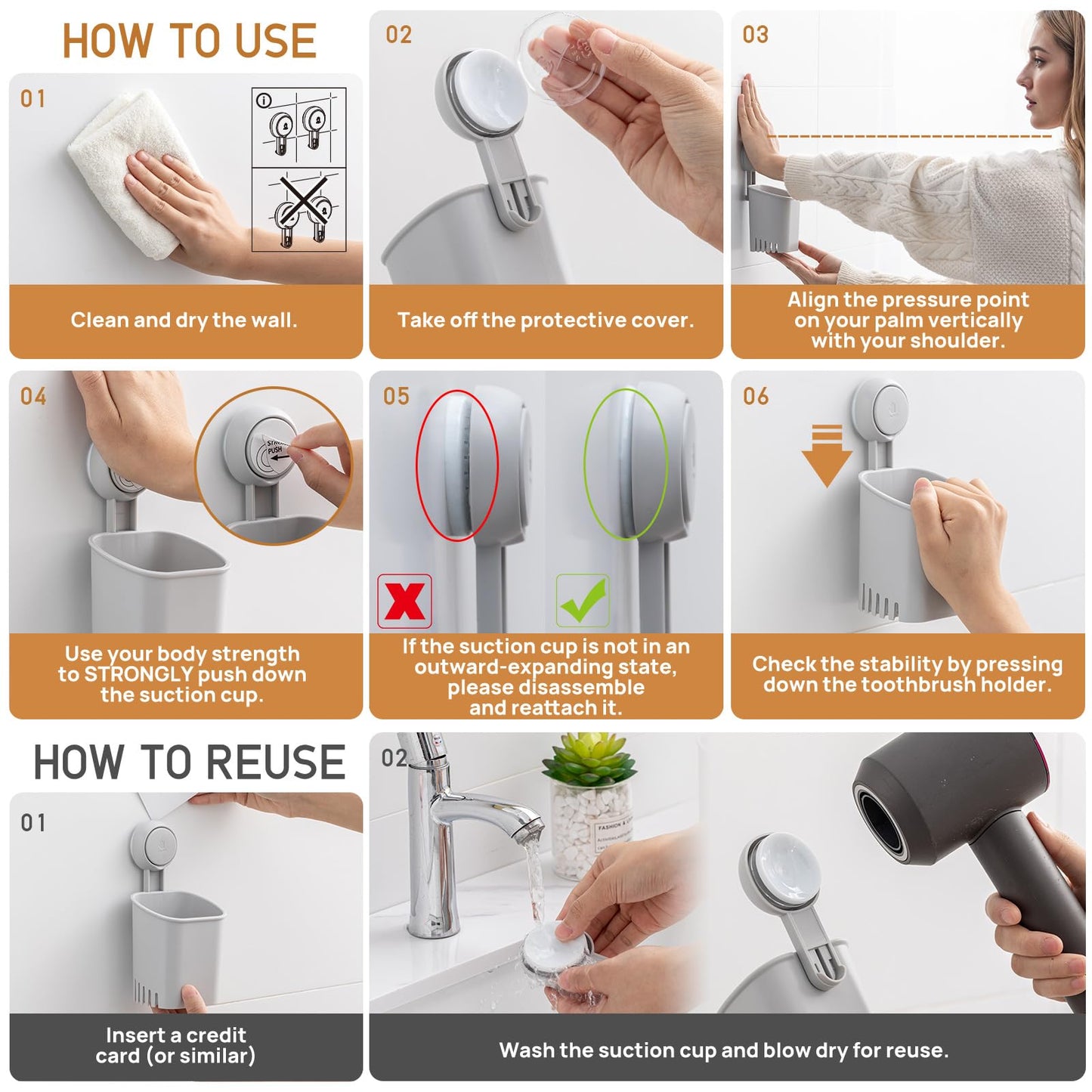 LEVERLOC Powerful Suction Toothbrush Holder 2 Pack, Removable Drill-Free Wall Shower Holder for Toothbrush, Toothpaste, Razor, Self-draining Suction Cup in Shower, Kitchen Tableware Organizer, Gray