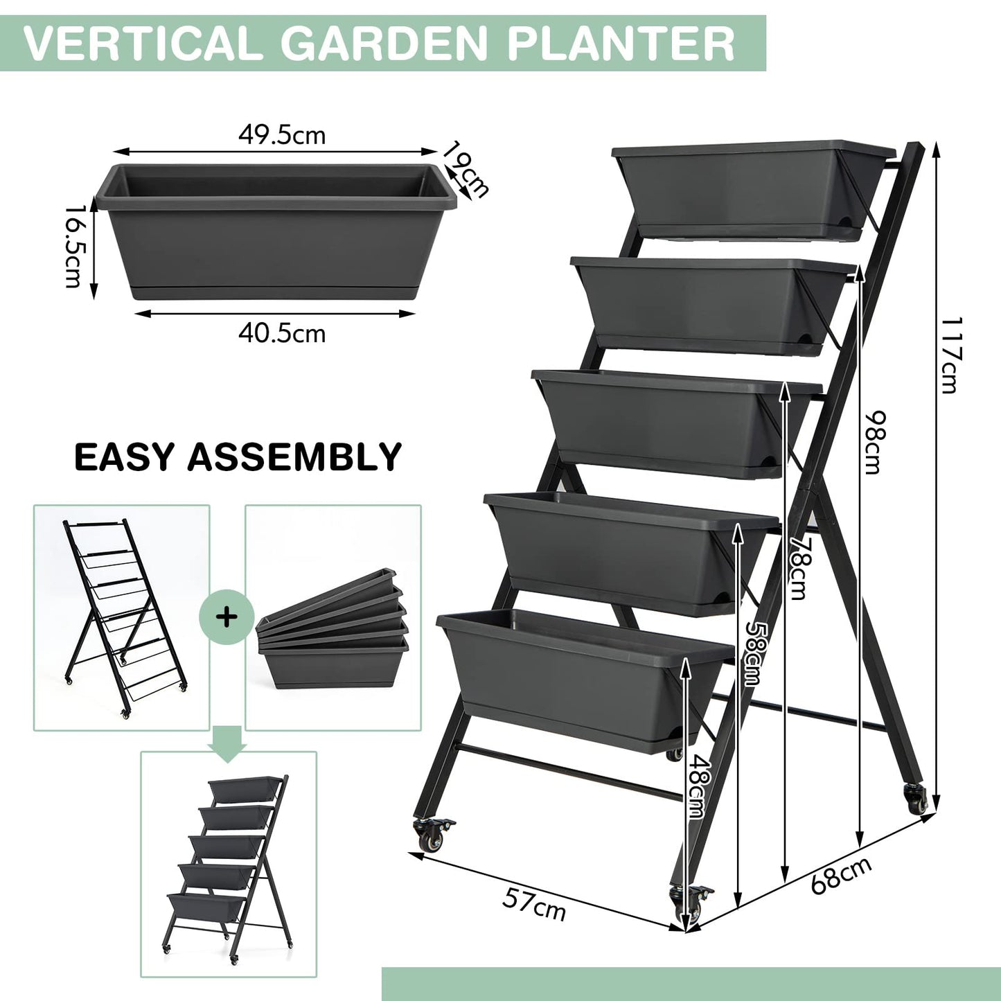 S AFSTAR 5-Tier Vertical Garden Planter, Raised Garden Bed with 2 Lockable Wheels, 7 Removable Planter Boxes, Metal Frame, Indoor Outdoor Elevated Planting Box for Flower Vegetables Fruit Herbs