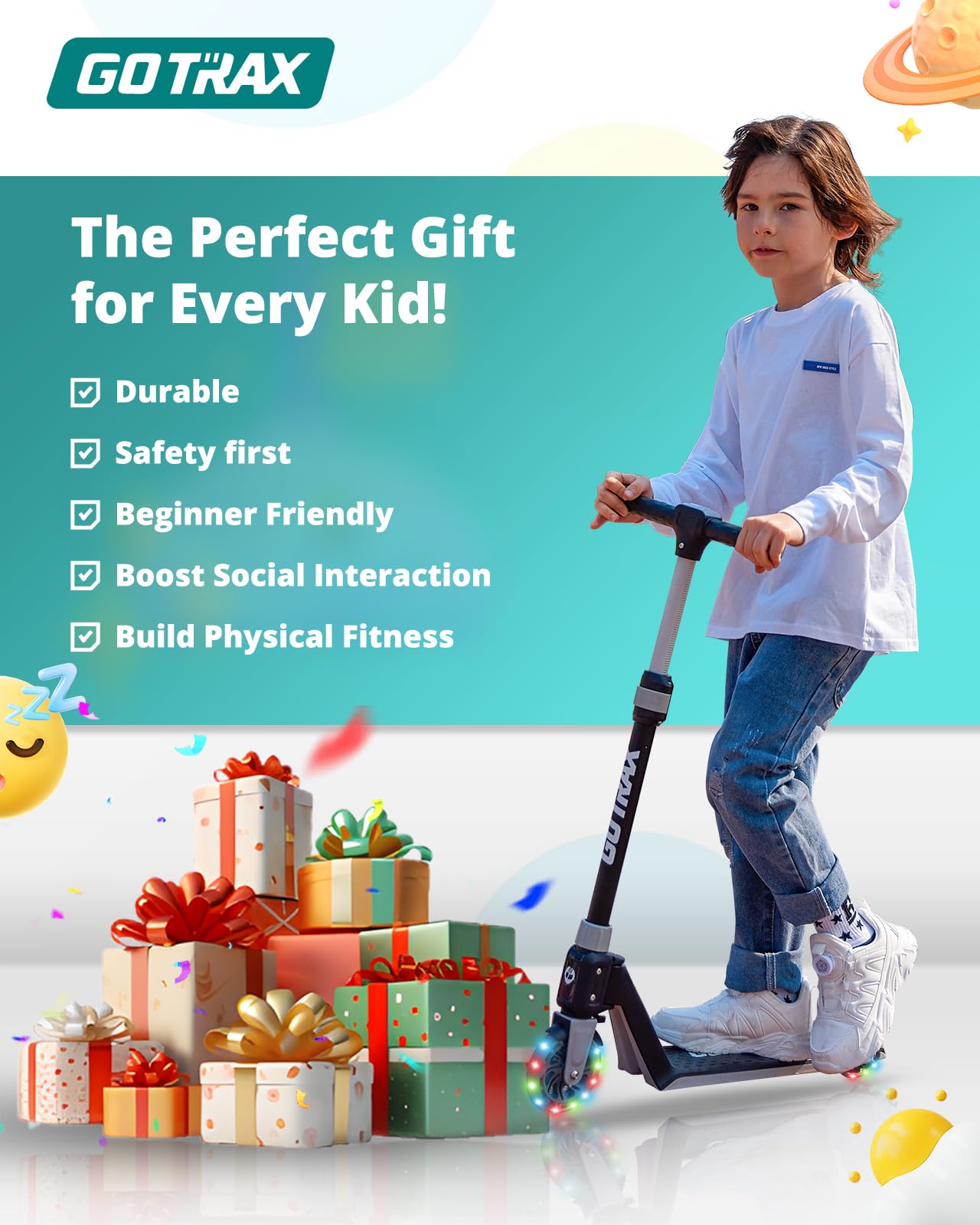 Gotrax K03 Kick Scooter for Kids, 5" LED Lighted Wheels and Adjustable Handlebars, Lightweight Design and Anti-Slip Deck, Max Load 110 Lbs, Kids Scooter for Boys & Girls Ages 3+, Blue