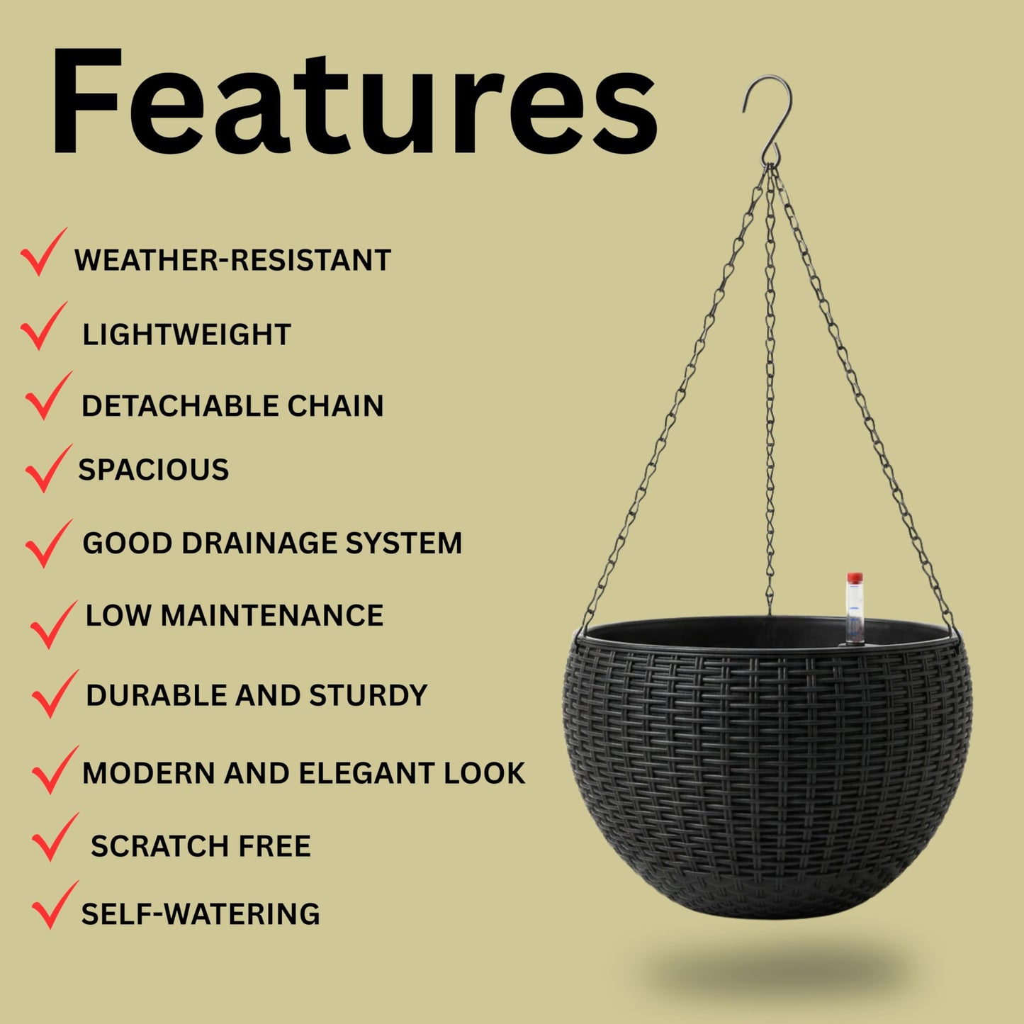 LaLaGreen Hanging Planters for Indoor Plants (11 Inch, 4 Pack) Self-Watering Round Rattan Style Flower Pots with Water Level Indicator, Black Metal Chain Hanging Baskets for Porch Garden Balcony Decor