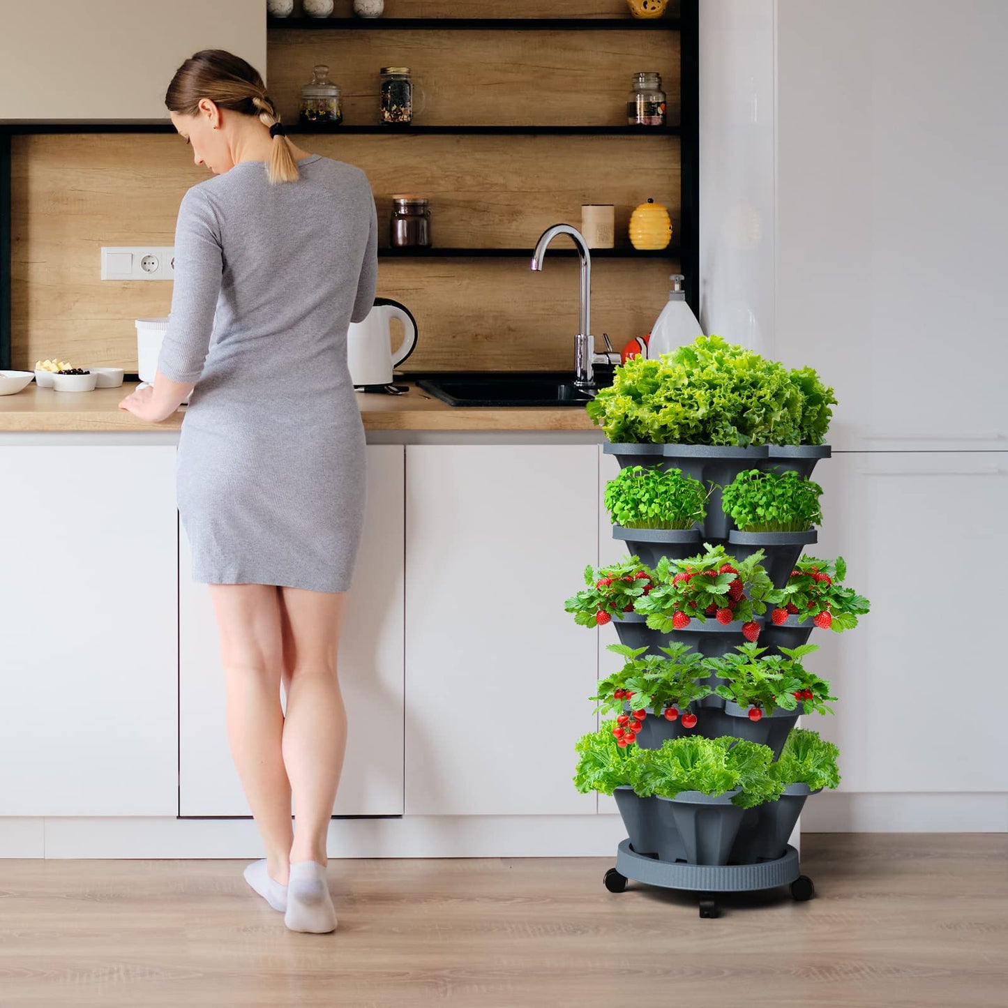 Tectsia 7 Tiered Strawberry Vertical Planters Tower Garden 2 Pack, Stacking Herb Vegetable Planter with Support Pole Indoor and Outdoor - Dark Grey
