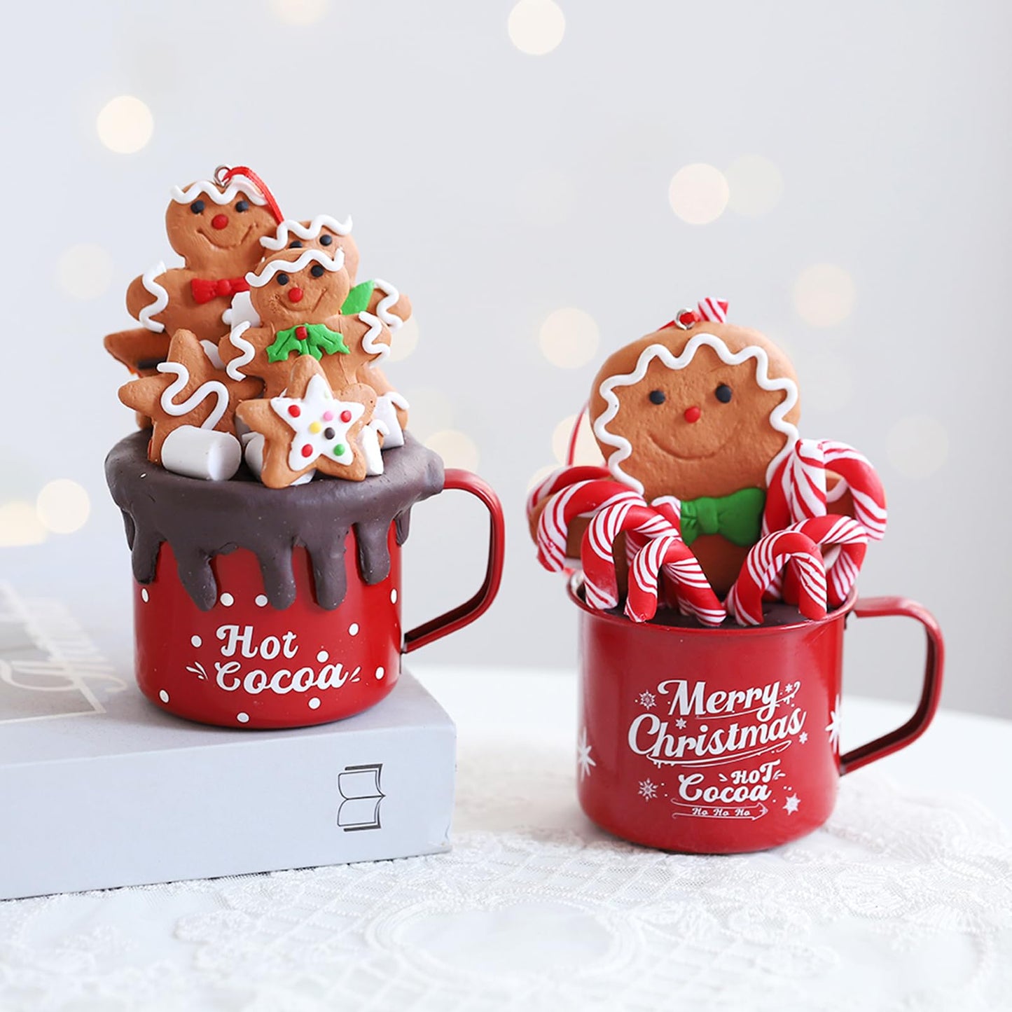 Cute Christmas Gingerbread Hanging Ornaments,2Pcs Mini Red Hot Cocoa Mugs with Handmade Clay Gingerbread Man Cookies,Chocolate,Marshmallows,Candy Canes for Winter Holiday Party Xmas Tree Decorations