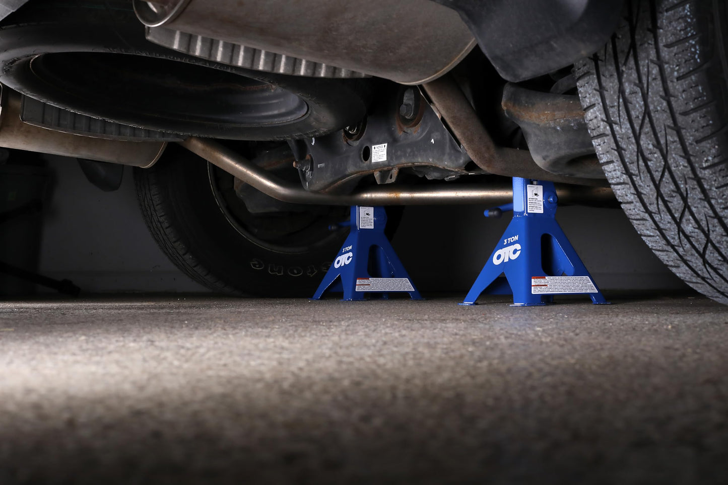 OTC S03 3-Ton Jack Stands - 3-Ton Capacity; 17-11/16" Max. Height; 12" Min. Height; 8-1/4" x 7-1/2" Footprint Square Base; 11 Tooth Ratcheting Adjustment; 1" x 3-1/2" V-Notch Saddle - Pair