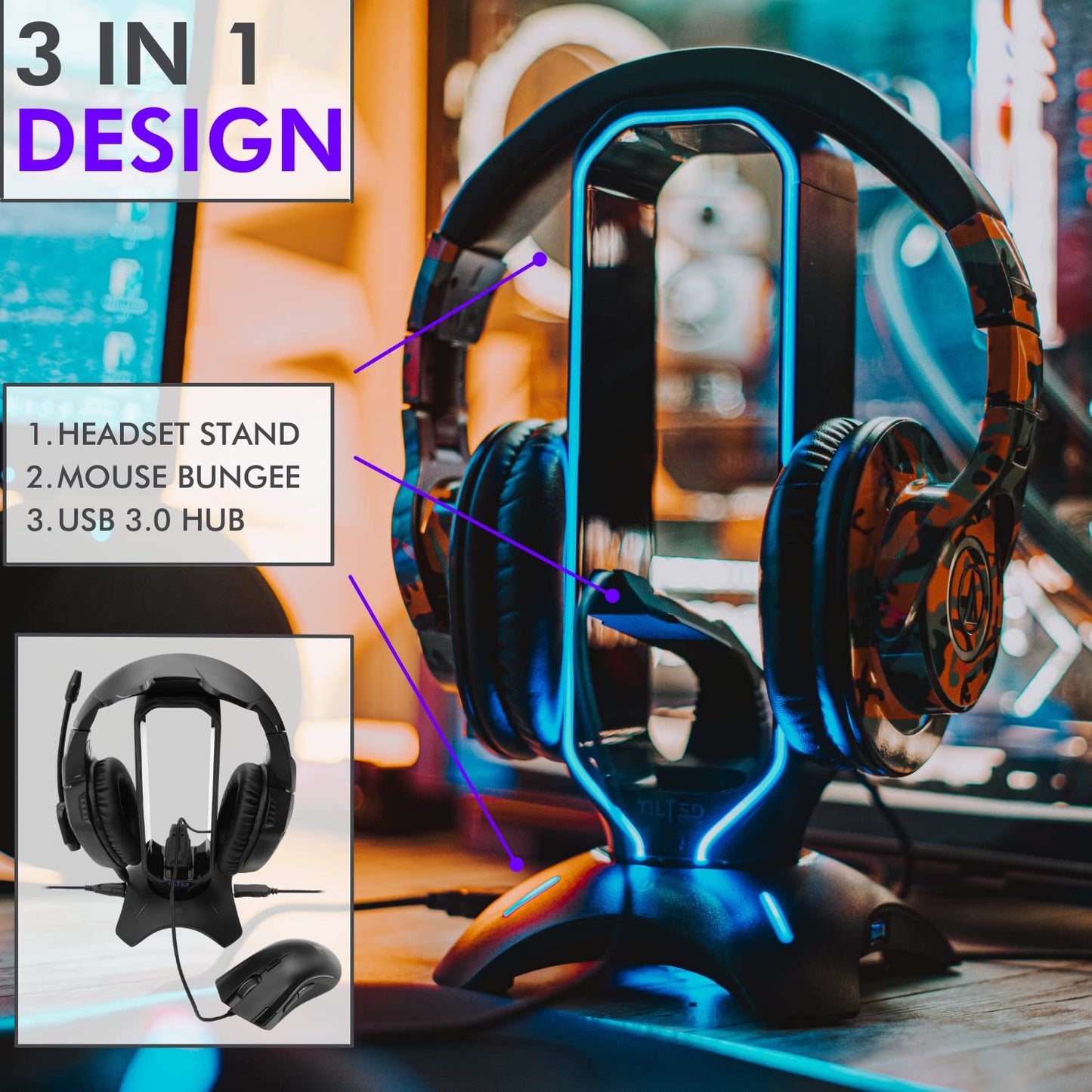 Tilted Nation Gaming Headset Stand | RGB Headphone Stand for Desk with Mouse Bungee and USB Hub (Cool and Clean Setup) Gaming Headset Holder - Perfect Gamer Gift Accessory