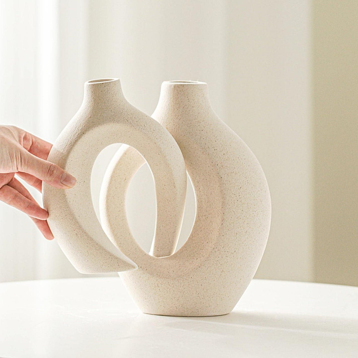 Levvohd Hollow Ceramic Vase Set of 2, Modern Nordic Minimalist Book Style Boho Aesthetic Vases for Home Decor Living Room Shelf Entryway Coffee Centerpiece Table Decorative (Cream White)