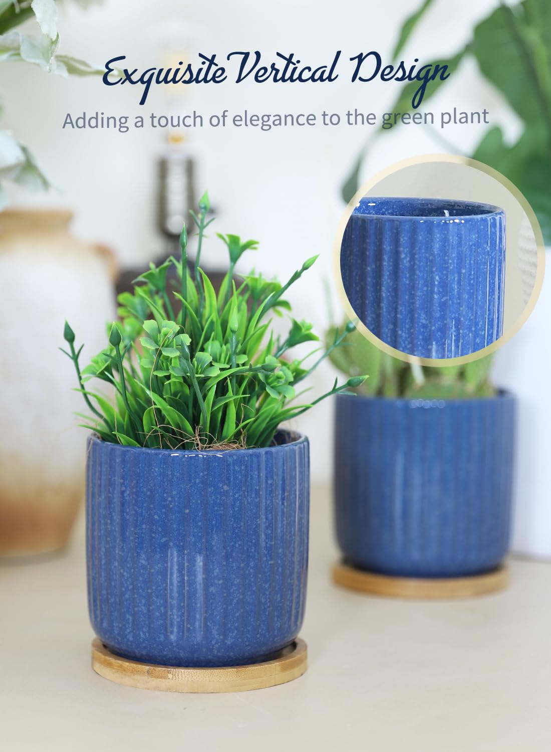 TAMAYKIM 4 Inch Cylinder Ceramic Plant Pots with Drainage Holes & Saucers, Glazed Small Boho Planters with Trays for Indoor Flower, Snake Plants, Succulent, Cactus, Blue, Set of 4
