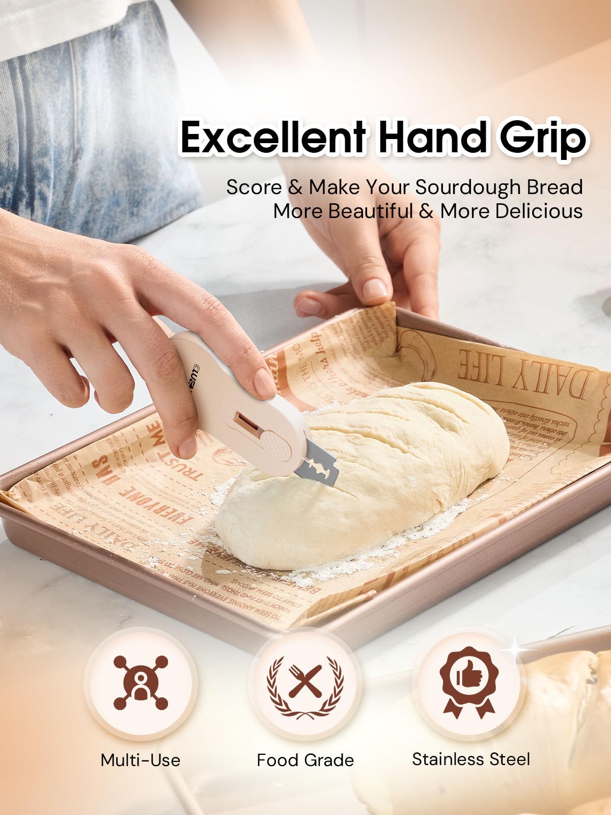 Bread Lame Dough Scoring Tool with Extractable & Magnetic - Sourdough Scoring Tool - Sourdough Bread Baking - Bread Scoring Tool - Scoring Patterns Booklet Includes 5 Bread Razor Blades (Cream)