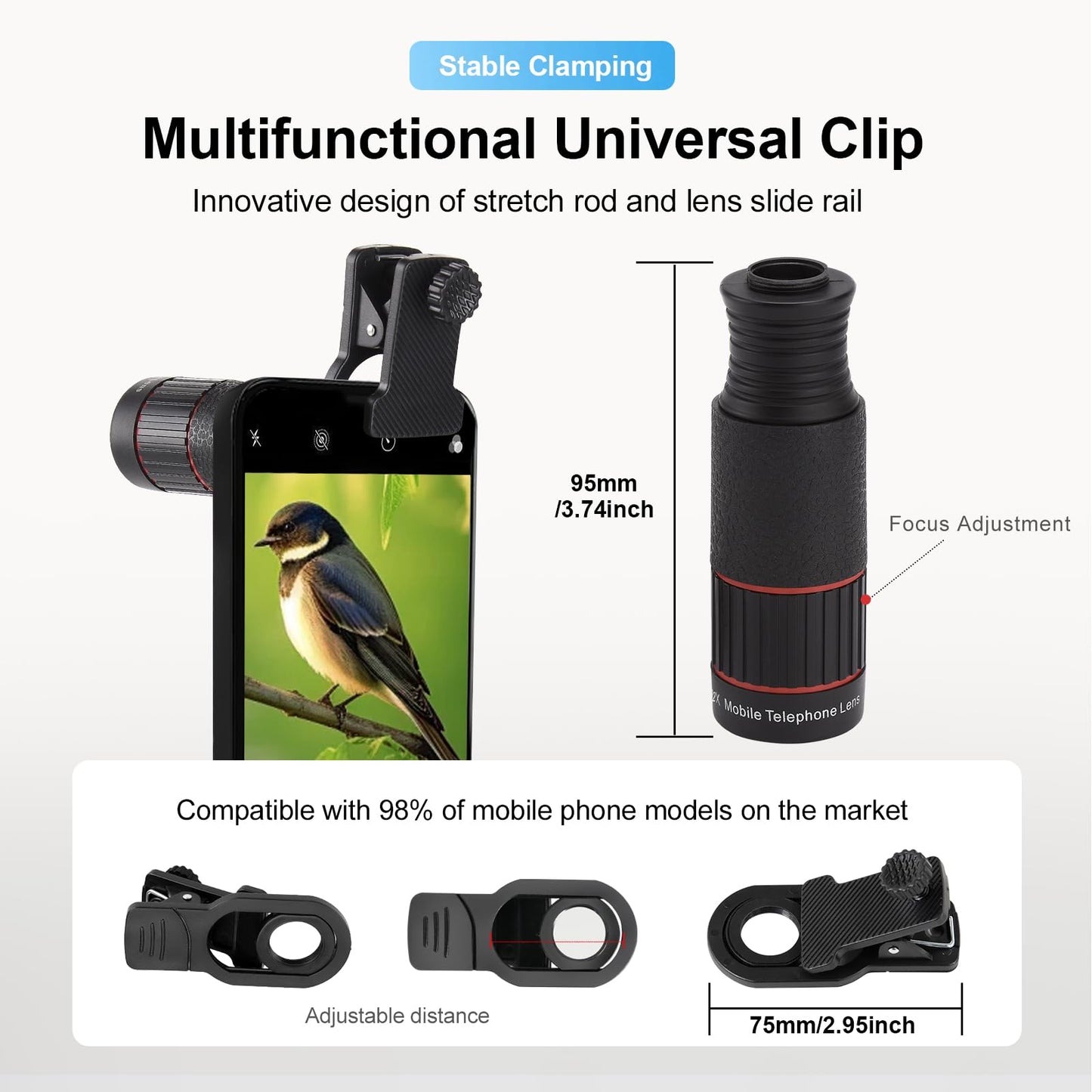 32X Long Focus Telephoto Phone Lens for iPhone and Android, Zoom Cellphone Camera Lens with Phone Clip for Picture Video Taking