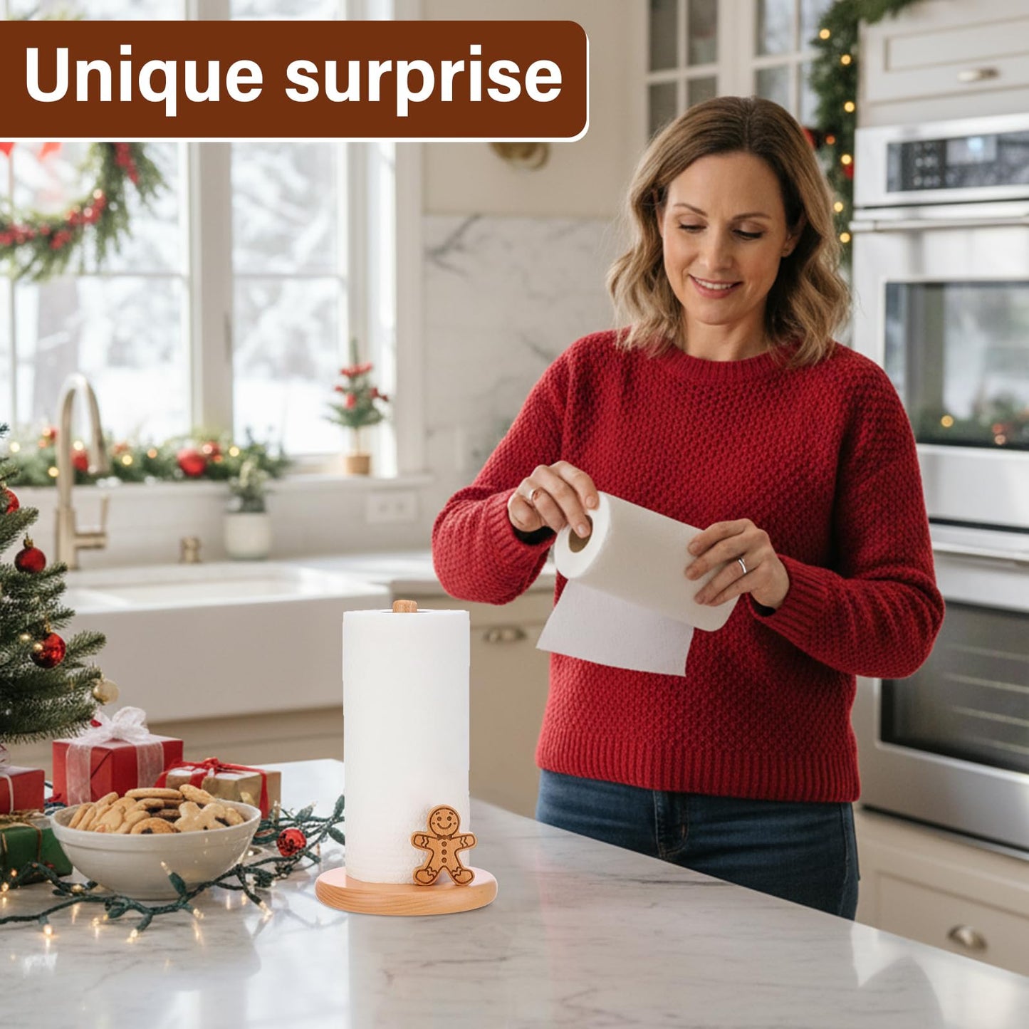 BrightRow Christmas Farmhouse Paper Towel Holder Wooden Decorative Paper Towel Holder Countertop Cute Decorative Rustic Kitchen Storage Gift for Xmas Home Bathroom Party(Gingerbread Man)