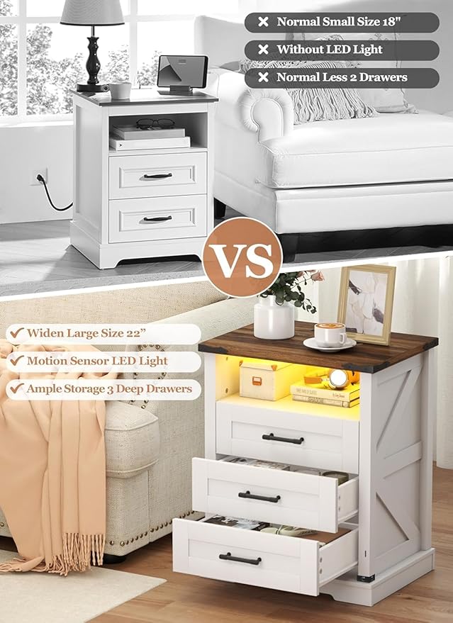 Turosur Night Stand with Charging Station 22" Large Farmhouse Nightstands with