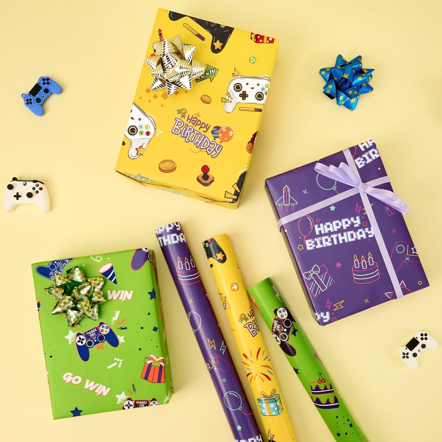 WERNNSAI Gaming Wrapping Paper - 3 Rolls 43 x 305cm Birthday Wrapping Paper Kids Boys Gift Wrap Green Yellow Birthday Wrap Paper with Cutting Lines