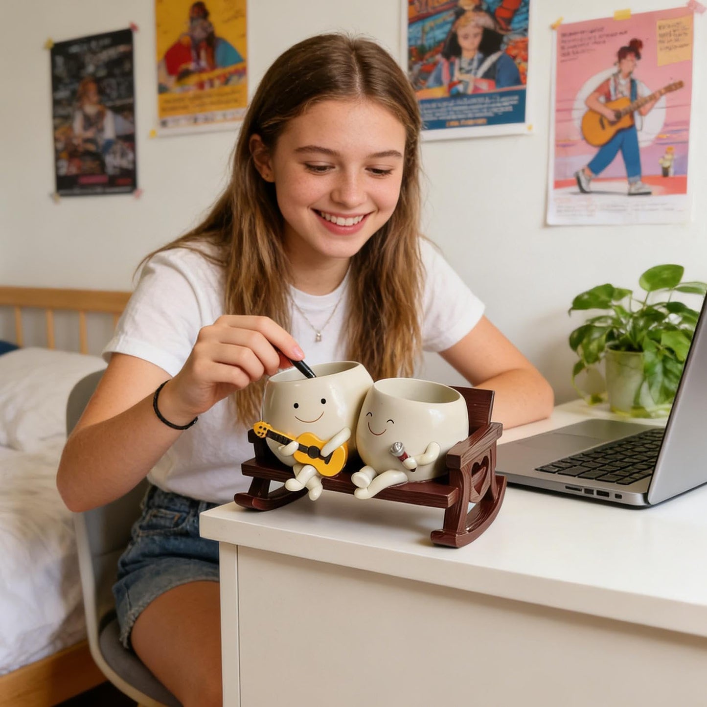 ERRSOU Smiley Face Planter Pot, Cute Funny Heart Rocking Chair Double Head Face Planter Pot with Unique Guitar and Microphone for Indoor Outdoor, Succulent Flower Pots with Drainage Hole 