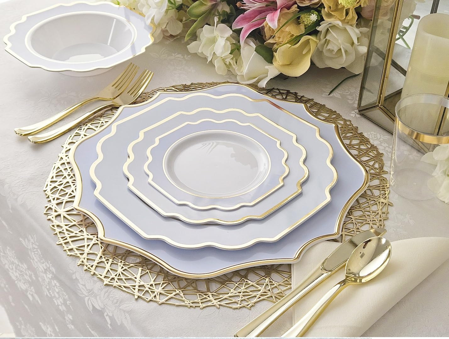 " OCCASIONS " 50 Plates Pack (25 Guests)-Heavyweight Wedding Party Disposable Plastic Plate Set -(25x10.5'' Dinner + 25x8'' Salad/dessert (Imperial in White/Blue & Gold)