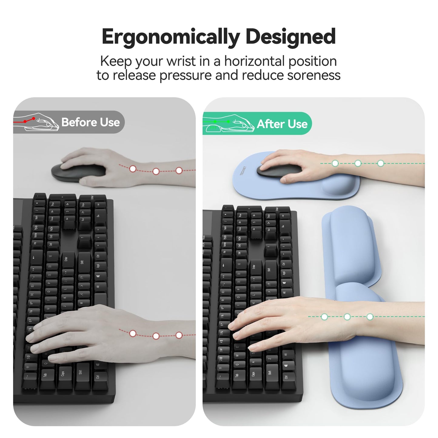 TECKNET Ergonomic Keyboard Wrist Rest and Mouse Pad, Foldable Memory Foam Wrist Rest for Computer Keyboard, Durable Mousepad for Computer Laptop Mac, Lightweight for Easy Typing and Pain Relief, Blue