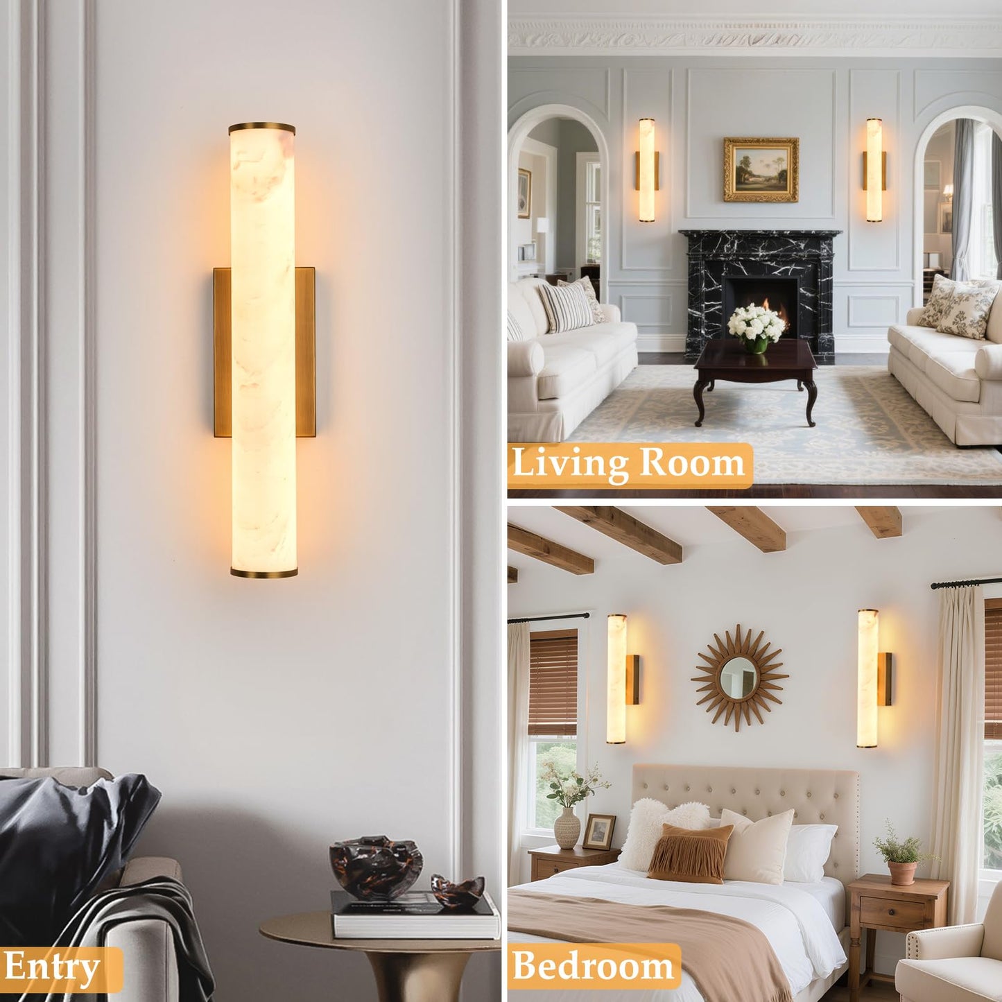 Alabaster Wall Sconces, 20" Brass Wall Sconce, Cylinder Natural Marble Sconces Wall Lighting, Modern Stepless Dimmable Sconces Lighting for Bathroom Living Room Bedroom Stairs Hallway