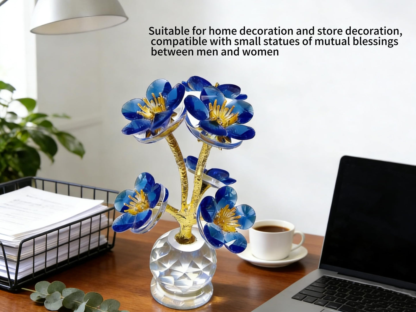 WF Crystal Flower Tree Figurine, Artificial Flowe, Easter Decorations Decorative Glass Sculpture for - Home Office Desk Student Study Room Accent, Modern Minimalist Table Centerpiece 6.6" (Blue)