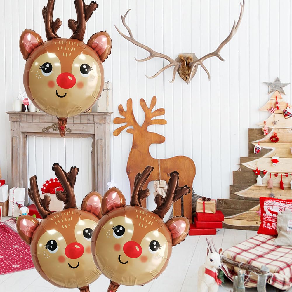 Reindeer Balloons Christmas Foil Balloons for Reindeer Themed Party Decoration Supplies Christmas Birthday Decoration Decor Ballons Arch Kits Party Balloon Set 3pcs