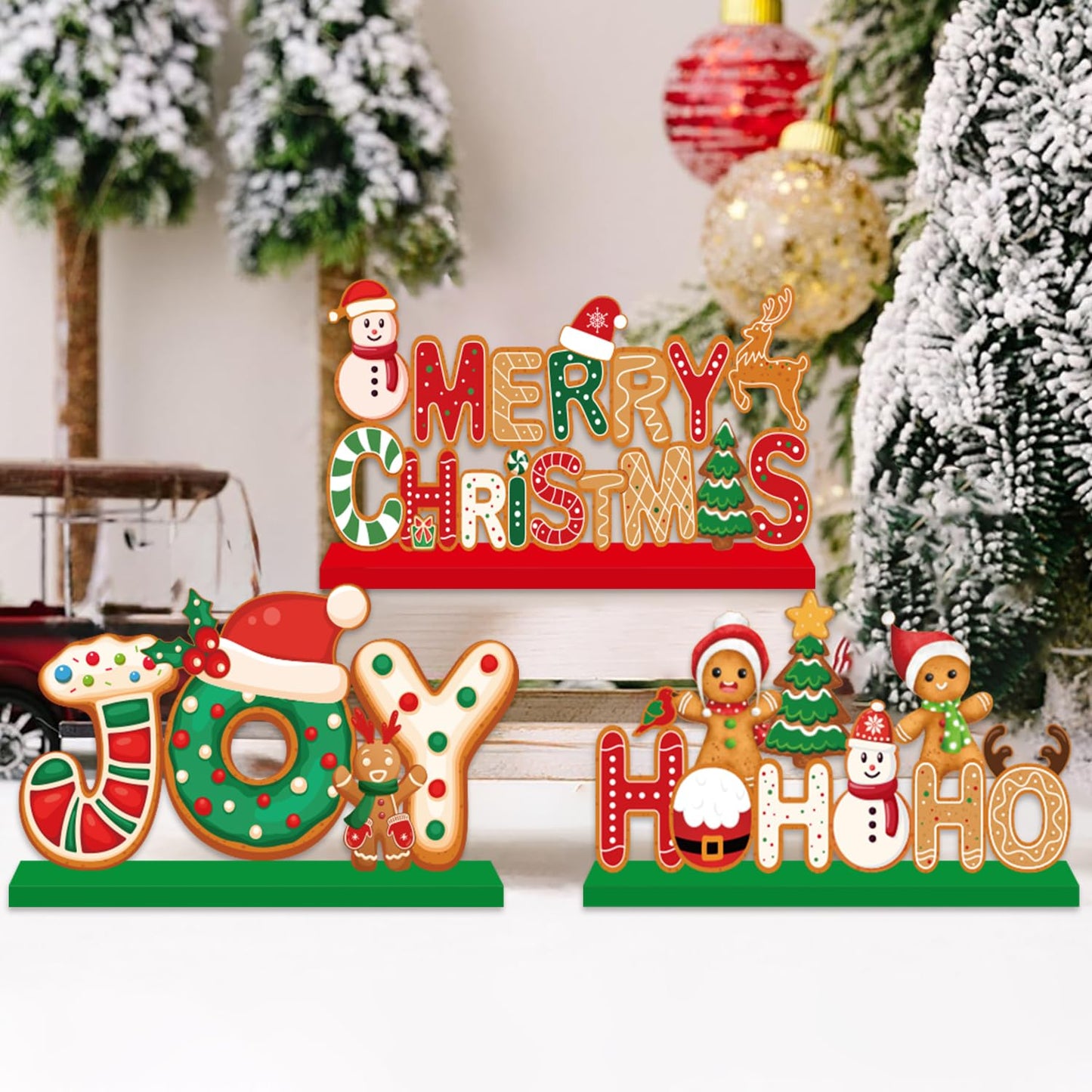 4pcs Gingerbread Christmas Decorations Wooden Table Centerpieces Gingerbread Merry Christmas Table Decorations for Winter Holiday Xmas Home Tabletop Decor
