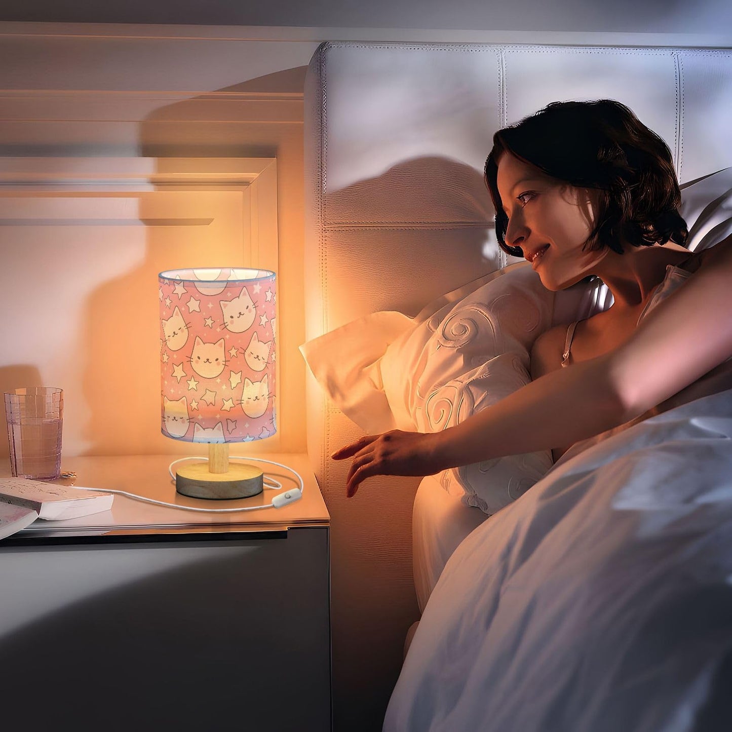 Bedside Table Lamp Cat Star Pink Table Lamp for Bedroom Nightstand Lamp with USB Port LED Desk Lamp Shade Living Room Dorm Office