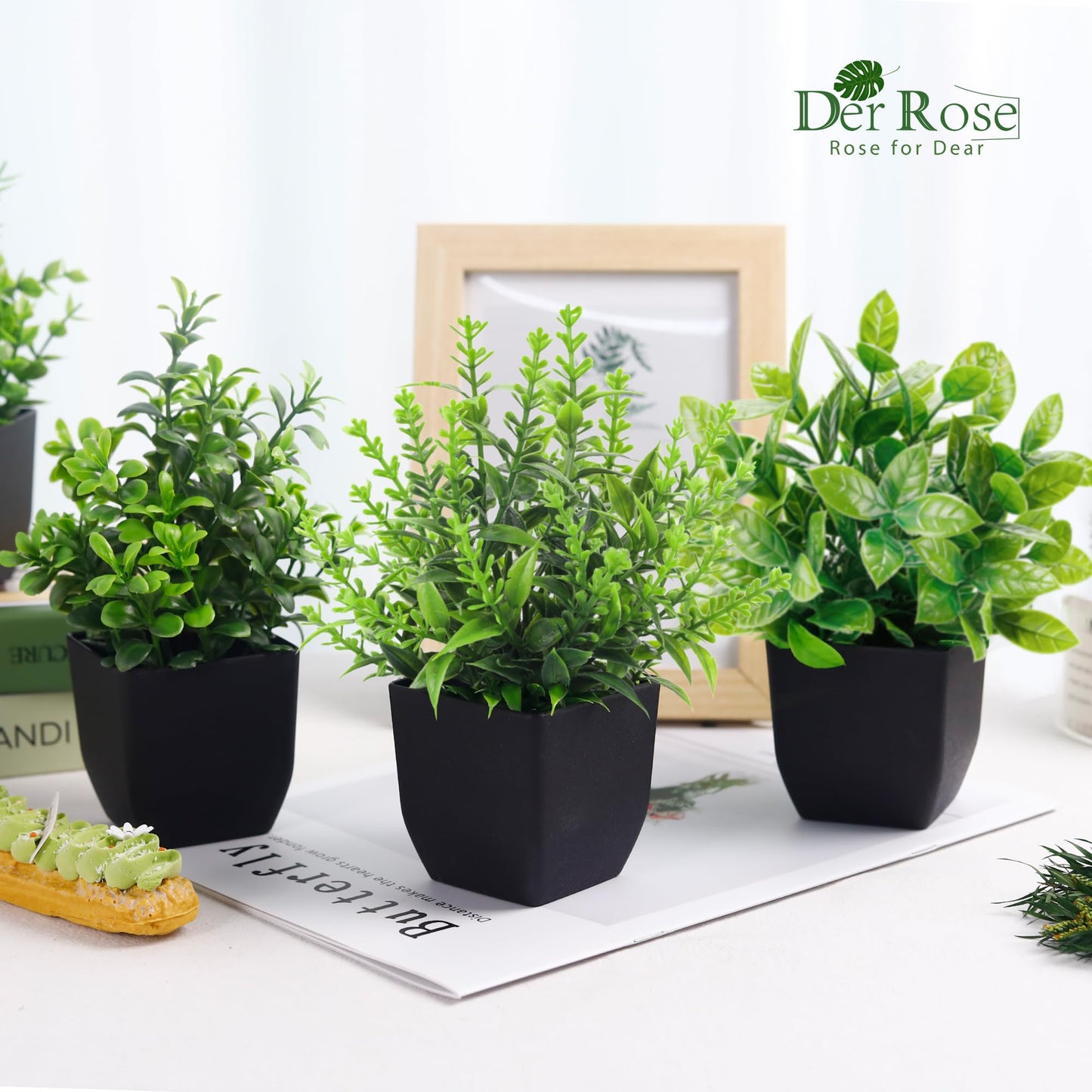 Der Rose 4 Pack Black Bathroom Decor Fake Plants Mini Artificial Greenery Potted Plants for Halloween Decor Indoor Office Table Room Farmhouse Decor