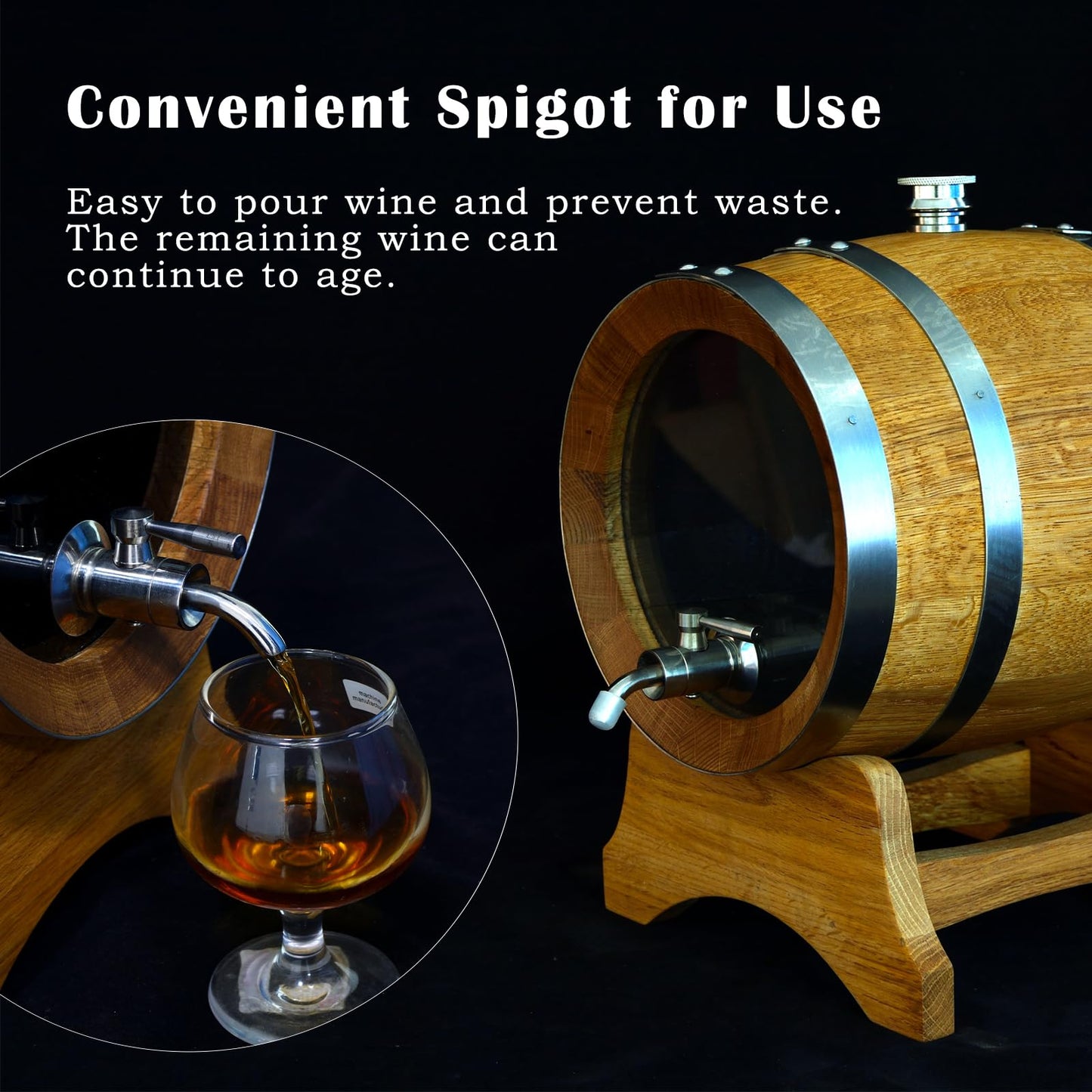 1.5 Liter Visualized Oak Aging Barrel with Stand, Bung & Spigot, Wooden Mini Whiskey Barrel - Charred Oak Barrels for Aging Brandy, Bourbon, Cocktails, Rum, Tequila, Mead Wine, Gin