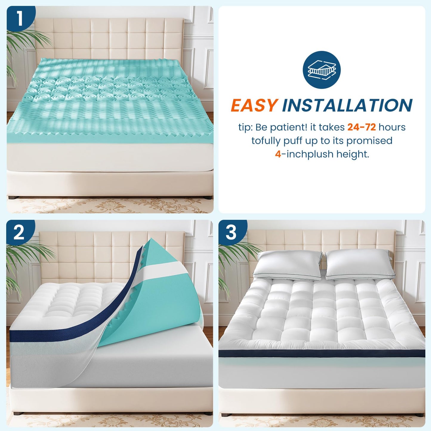 4 Inch Memory Foam Dual-Layer Mattress Topper Queen Size - 2Inch 1000GSM Quilted Pillow Top with Down-Alternative + 2Inch 5-Zone Egg Crate Memory Foam(Queen,60"x80")