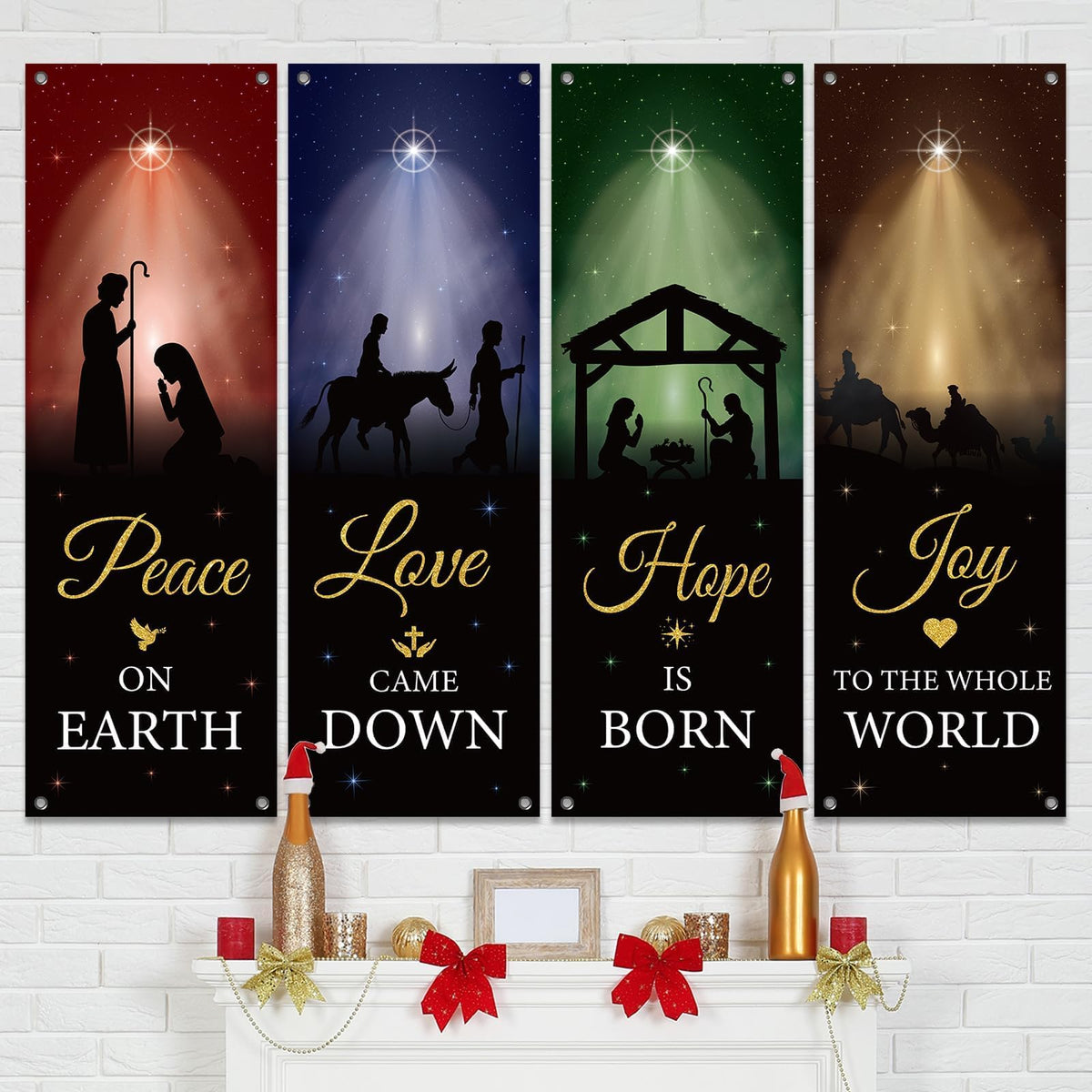 4Pcs Welcome Religious Easter Banners for Church Sanctuary Wall - Hanging Backdrop Nativity Scene Banner Scripture - Easter Porch Signs for School Nativity Decor