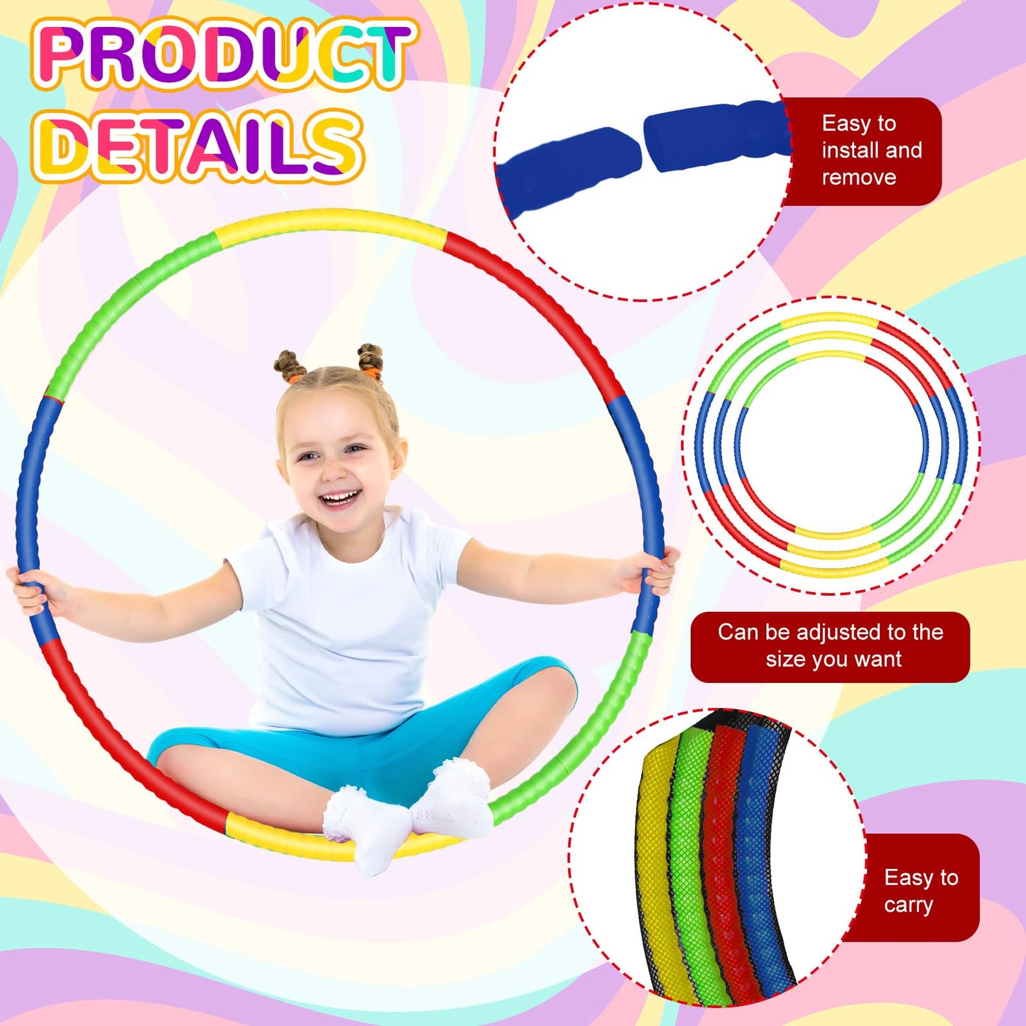 Sratte 12 Pcs Toy Hoop for Kid - Detachable & Adjustable Colored Hoop Exercise Ring Plastic Circle for Kid, Teen Gymnastics, Dog Agility Equipment, Require Self Assembly(Classic Color, 28 Inch)