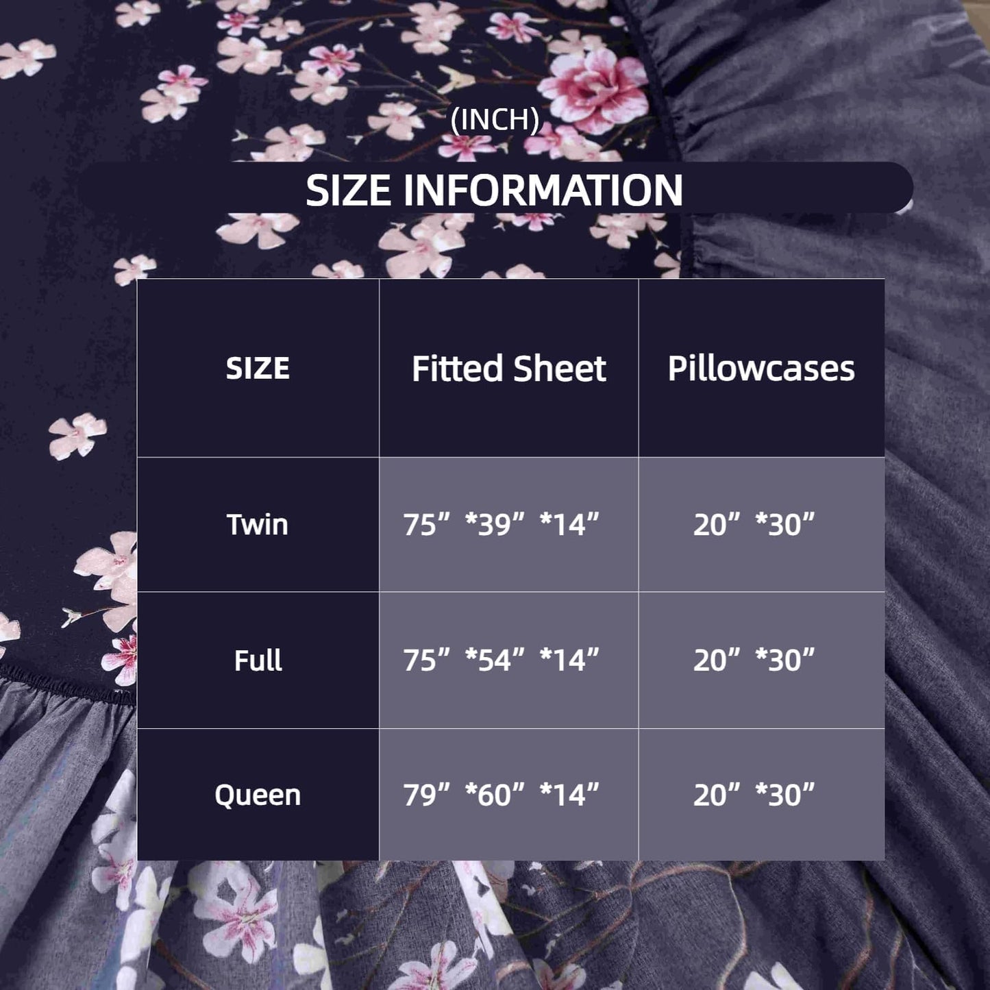 SDIII Navy Blue Floral Fitted Sheet Twin with 2 Pillowcase, Deep Pocket Soft Microfiber Dark Floral Twin Sheet All Season