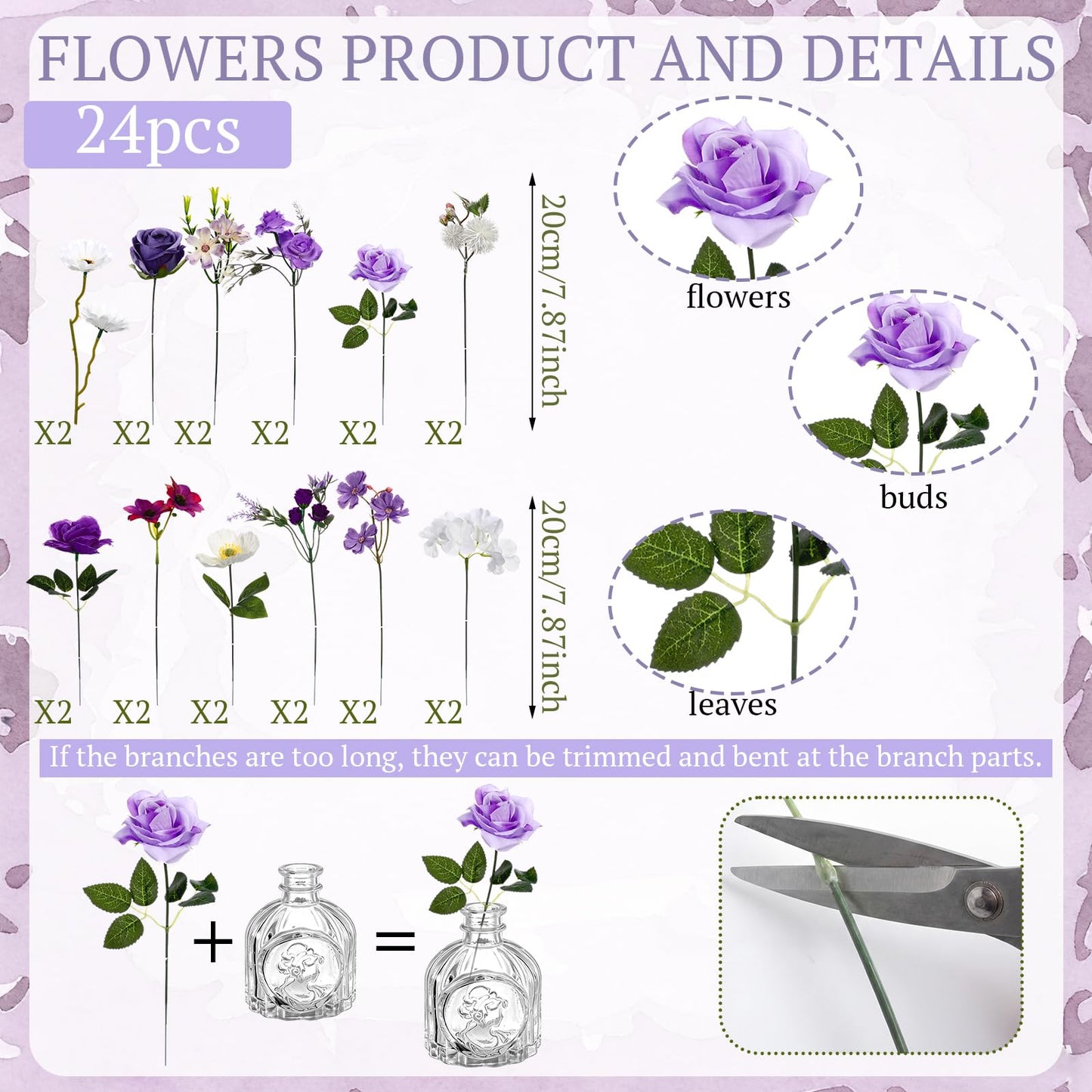 Ferrochef 36 Pcs Artificial Flowers Table Centerpiece with Vases Colorful Wildflower Centerpieces Silk Flower Arrangement for Wedding Baby Shower Table Centerpieces Party(Purple Series,Clear)
