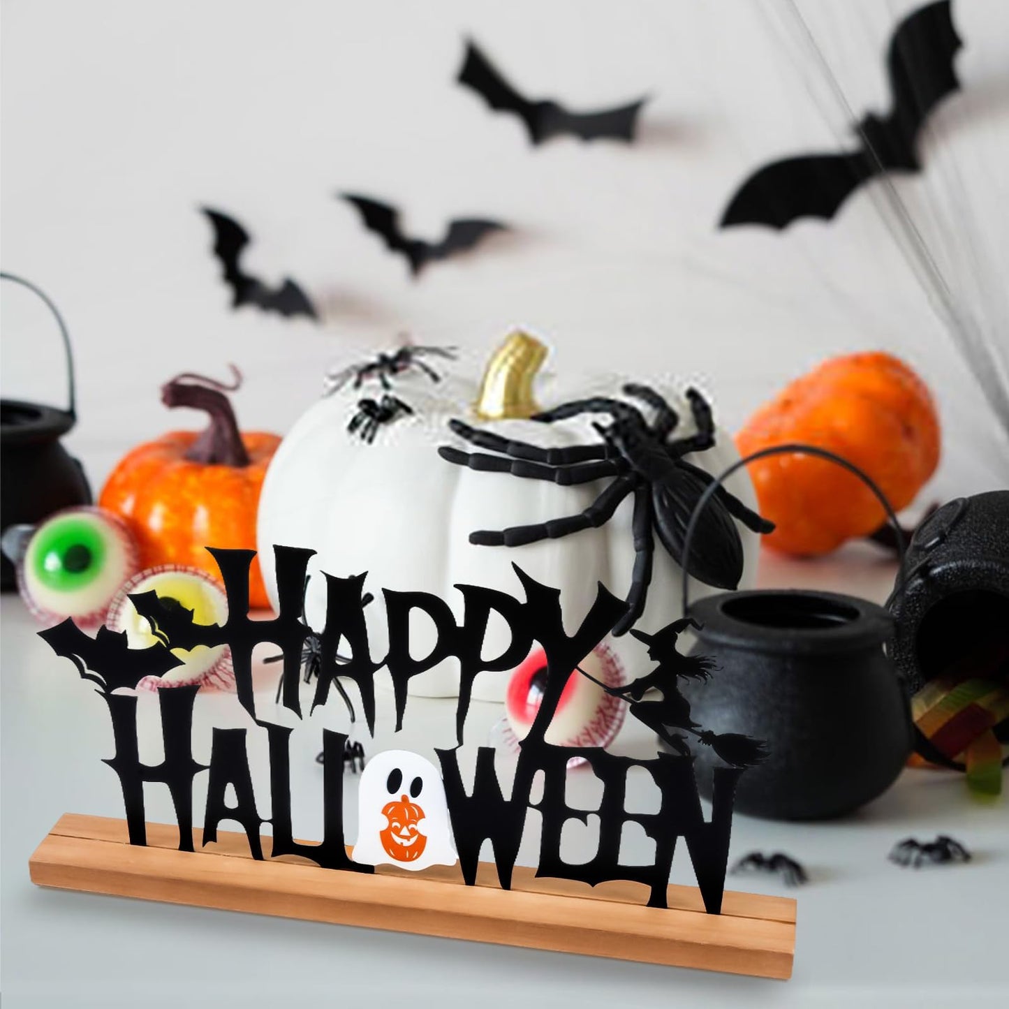 Metal Happy Halloween Sign Halloween Table Decor with Wooden Base Freestanding Rustic Table Decor for Indoor Home Tabletop Centerpiece Mantel Shelf Fireplace Decoration (Black)