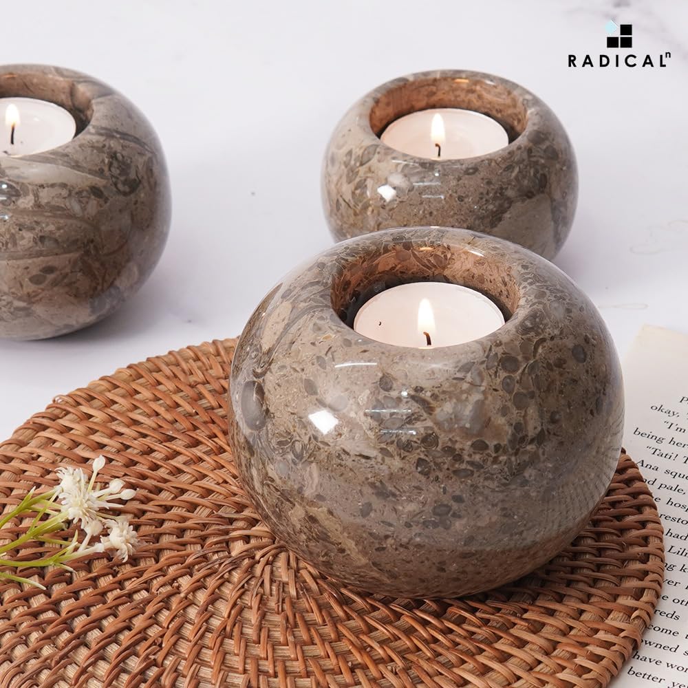Radicaln Marble Tealight Candle Holder 4" Inch Oceanic Handmade Set of 3 Mini Candle Holders for Dining, Decorative Votive Candle Holder & Marble Taper Holder for Home Decor