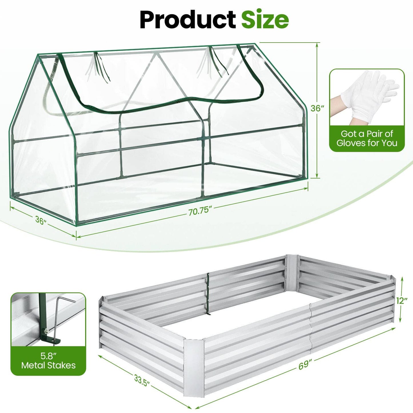 SEJOV 6x3x1ft Galvanized Raised Garden Bed with Cover & 2 Large Windows, Mini Greenhouses for Outdoors, Metal Planter Box Kit for Vegetables Flowers Herbs, 1 Pair of Gloves Included, Clear
