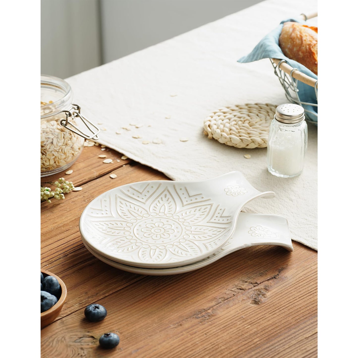 Ceramic Spoon Rest for Stove Top, 7.48 Inches Spoon Holder for Kitchen Counter, Kitchen Counter Decor, Dishwasher Safe, Off-White