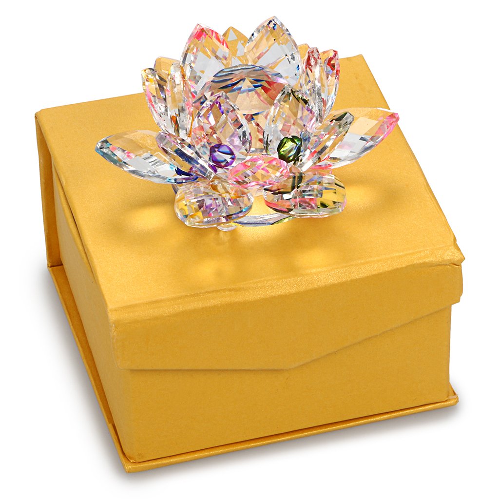 OwnMy Sparkle Crystal Lotus Flower Hue Reflection Feng Shui Home Decor with Gift Box (4 Inch/ 100MM Rainbow)