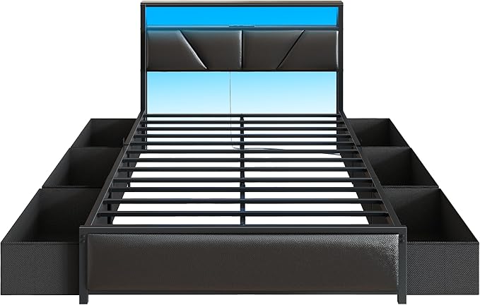 OURPIC Full Size Bed Frame, 2-Tier Storage Headboard & 6 Fabric Drawers